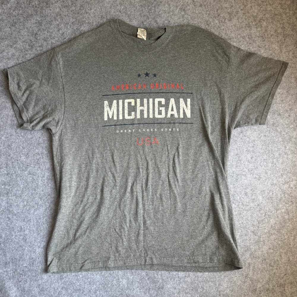 Gildan Michigan American Original T Shirt Mens XL Gray Great Lakes State Graphic